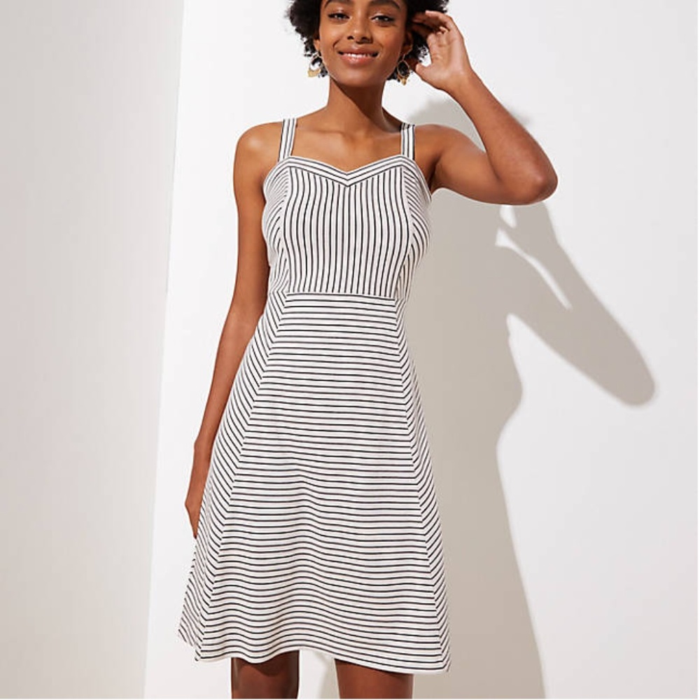 Loft Striped Strappy Flare Dress Cream & Black